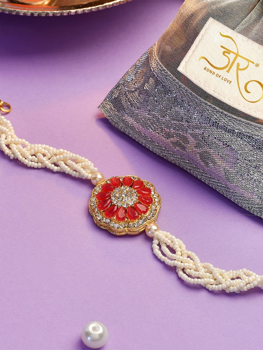 Dore Royal Red Floral Jaipuri Kundan Rakhi with Braided Pearl Strands - view 1