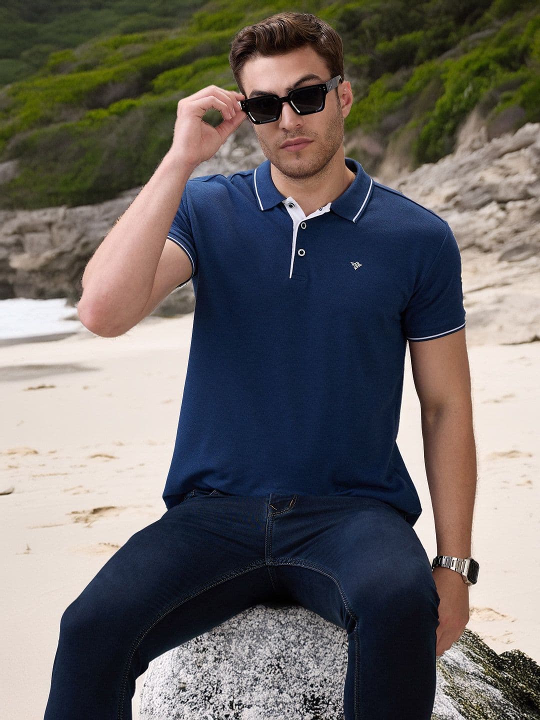Status Quo Men's Solid Brand Logo Print Regular Fit Button Closure Polo T-shirt - view 1