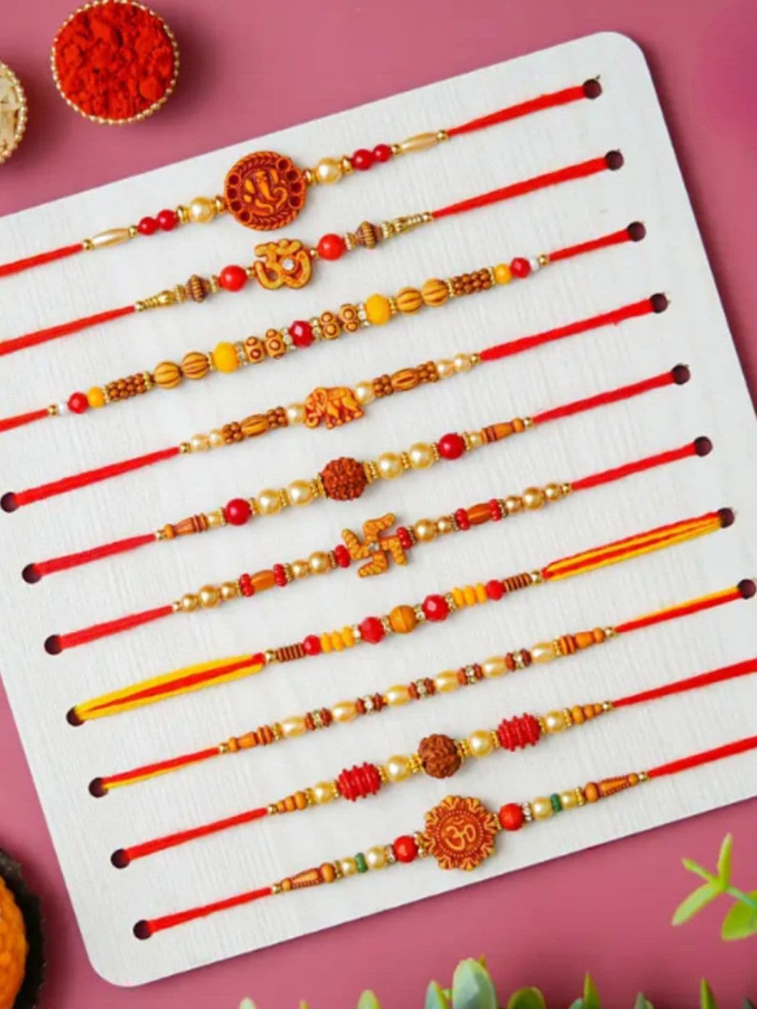 Sangria Artificial Stones Studded & Beaded Thread Rakhi With Roli Chawal Chandan & Mishri - view 1