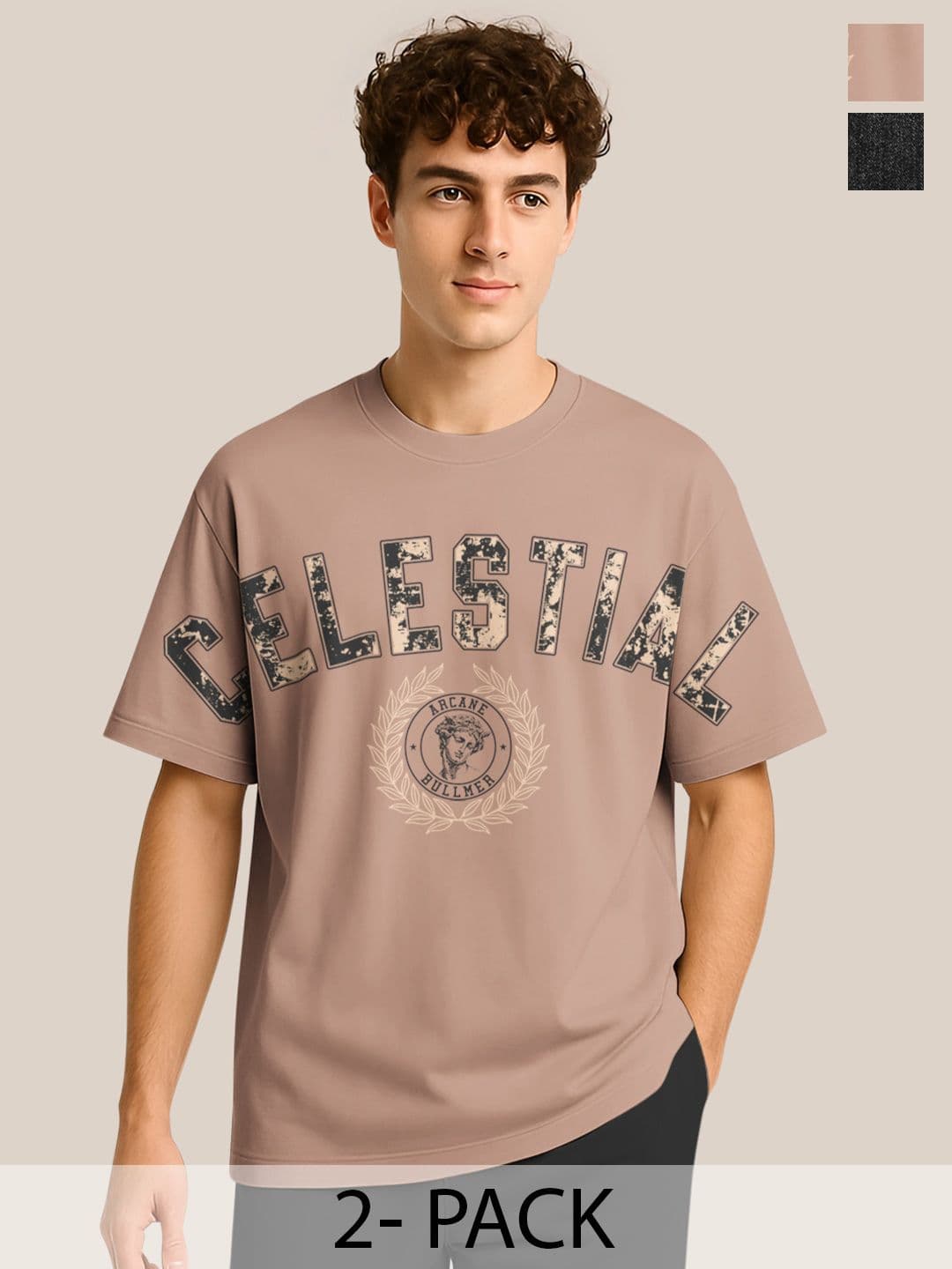 BULLMER Pack Of 2 Typography Printed Crew Neck Drop Shoulder Oversized T-shirts - view 1