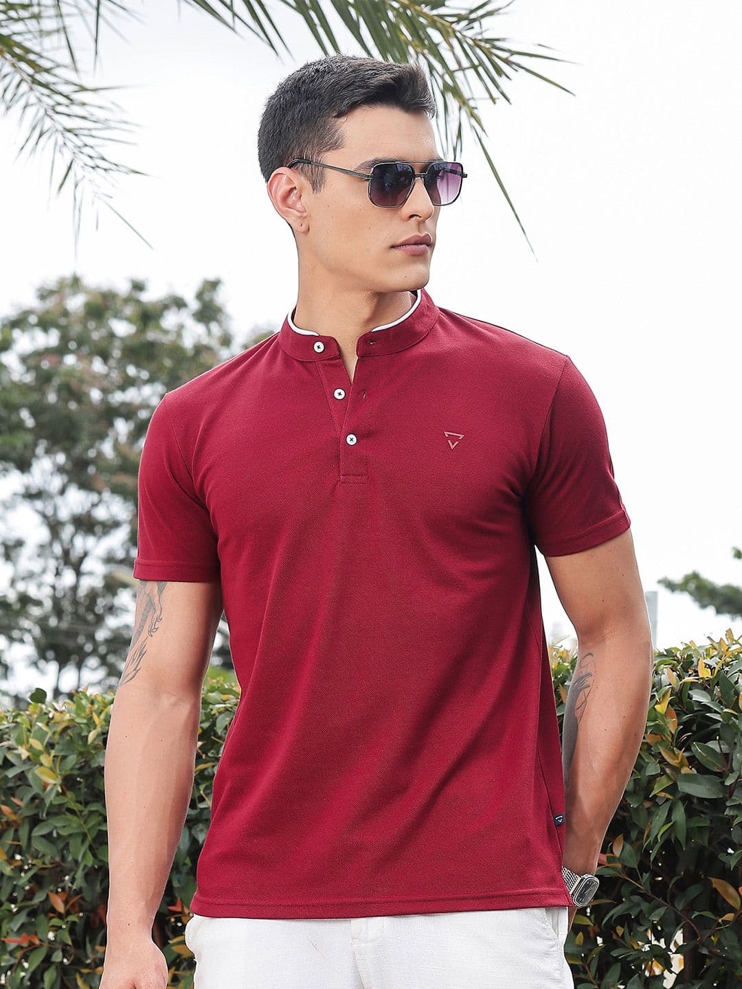 Thomas Scott Men Solid Mandarin Collar Knitted T-Shirt - view 1