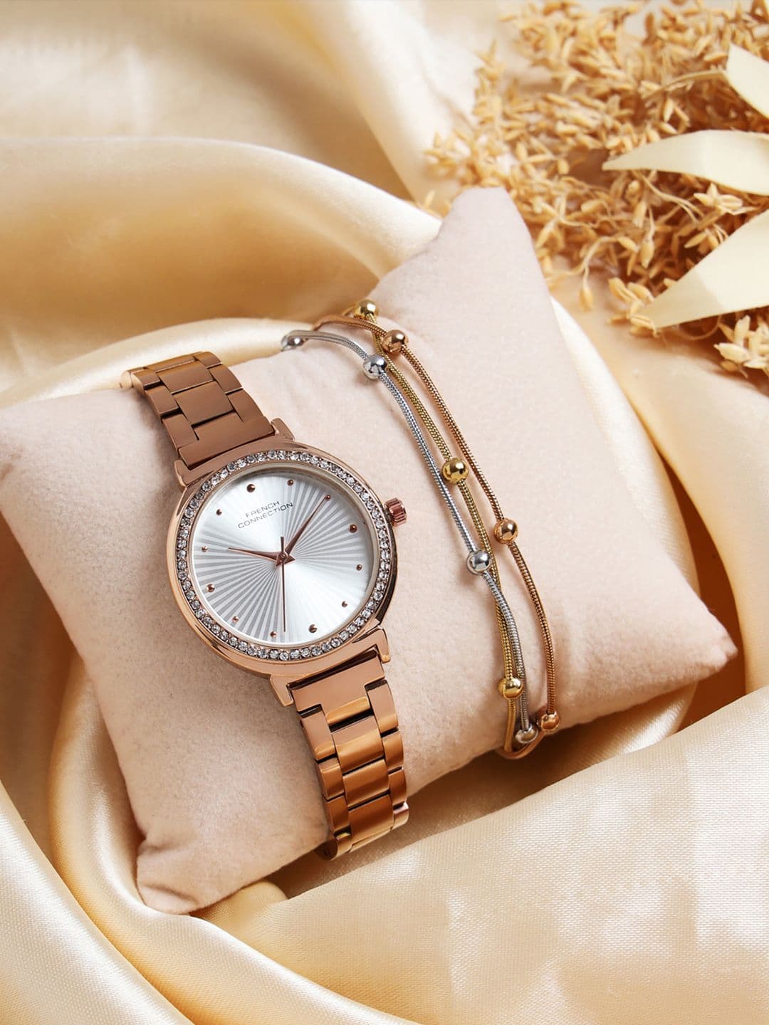 French Connection Solavie Women Textured Silver Round Dial Watch With Bracelet Gift Set - view 1
