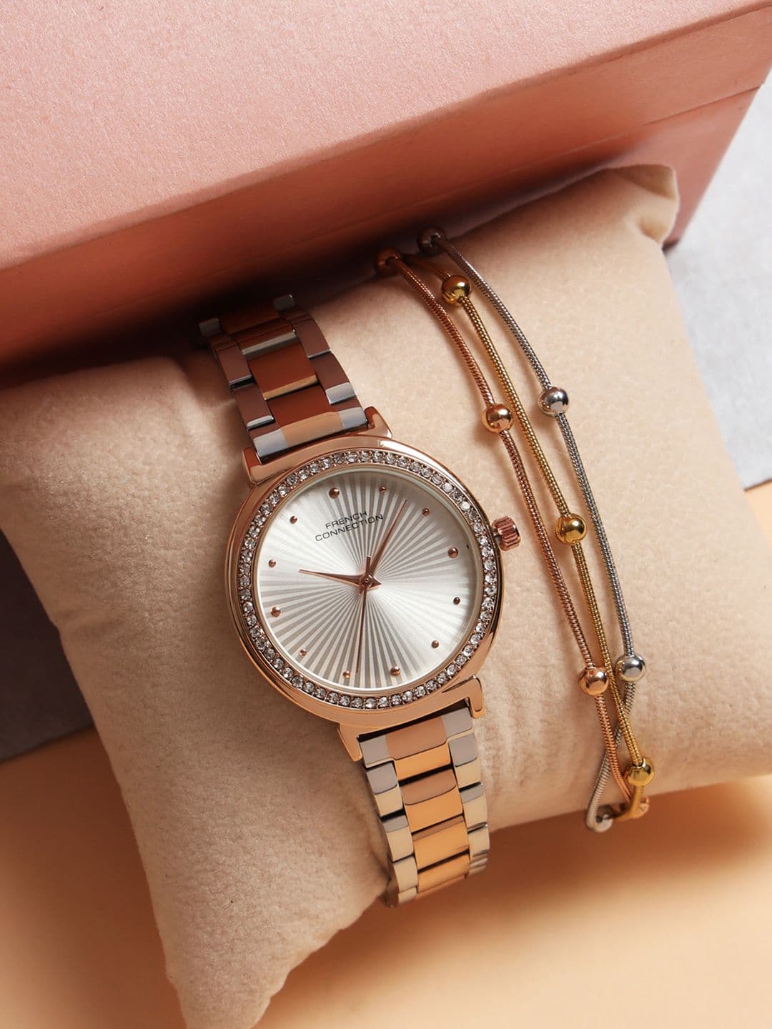 French Connection Solavie Textured Silver Round Dial Watch With Bracelet Gift Set - view 1
