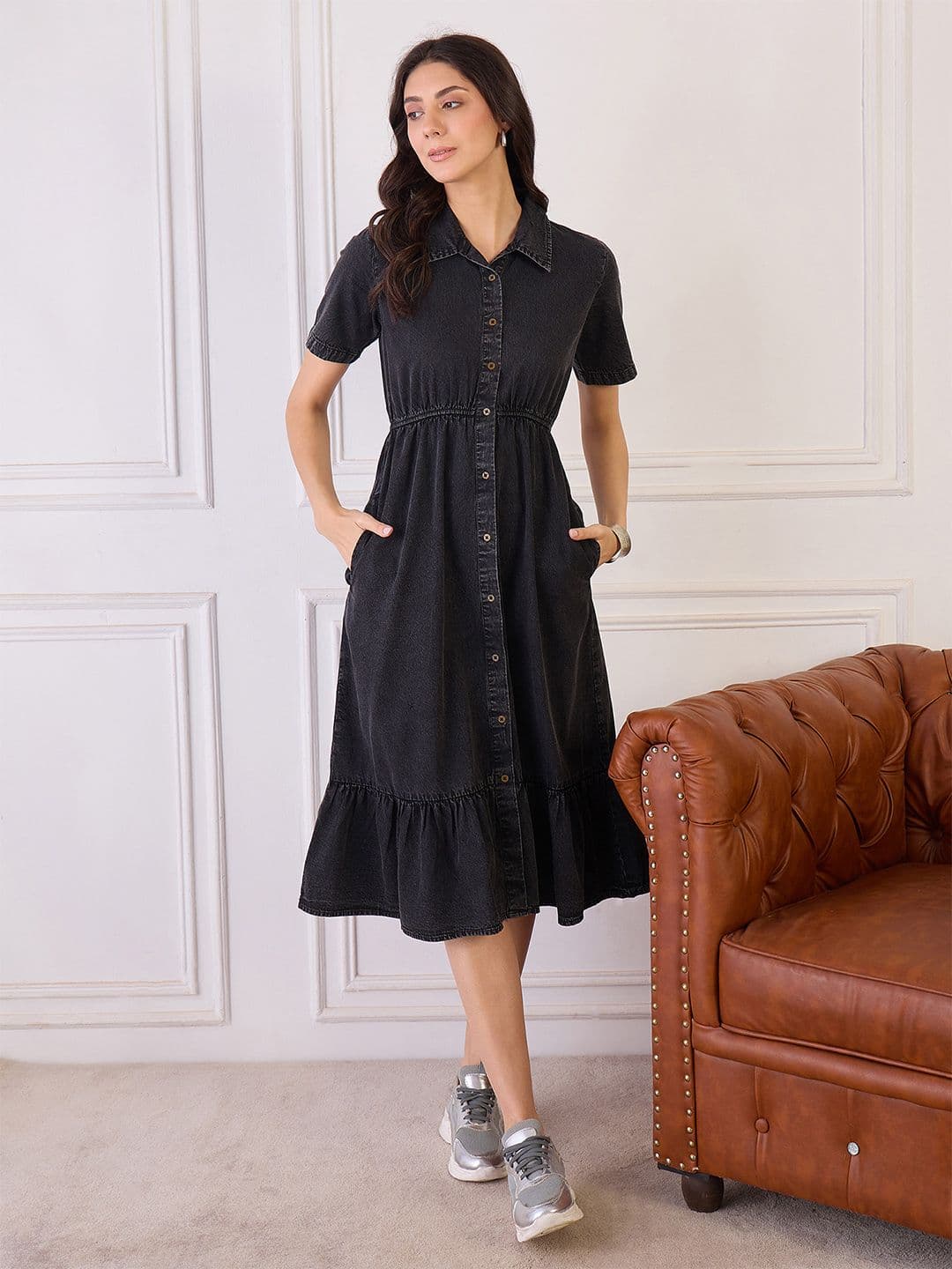 Orchid Blues Women Denim Belted Shirt Midi Dress - view 1
