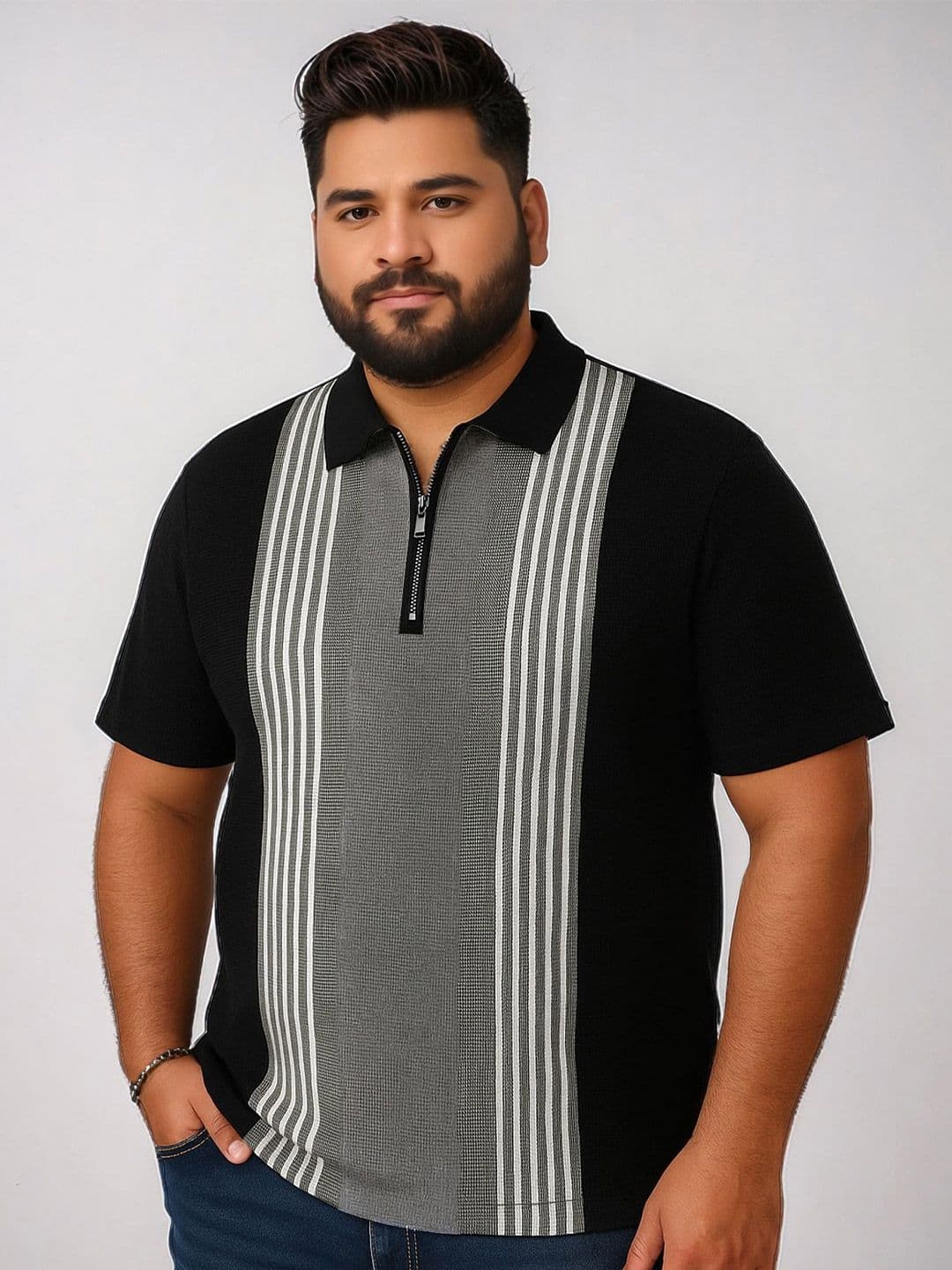 Maniac Men Plus Size Striped Polo Collar Cotton T-shirt - view 1