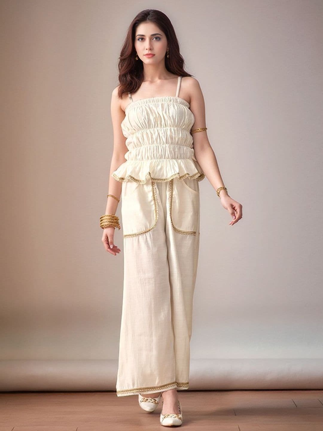 Sangria Women Embellished Shoulder Straps Tube Top with Trouser Co-Ords - view 1