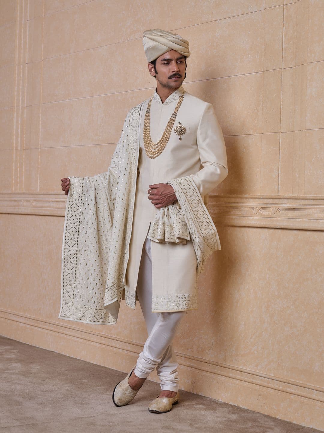 Tasva Men Mandarin Collar Sherwani With Fine Thread and Gota Work - view 1