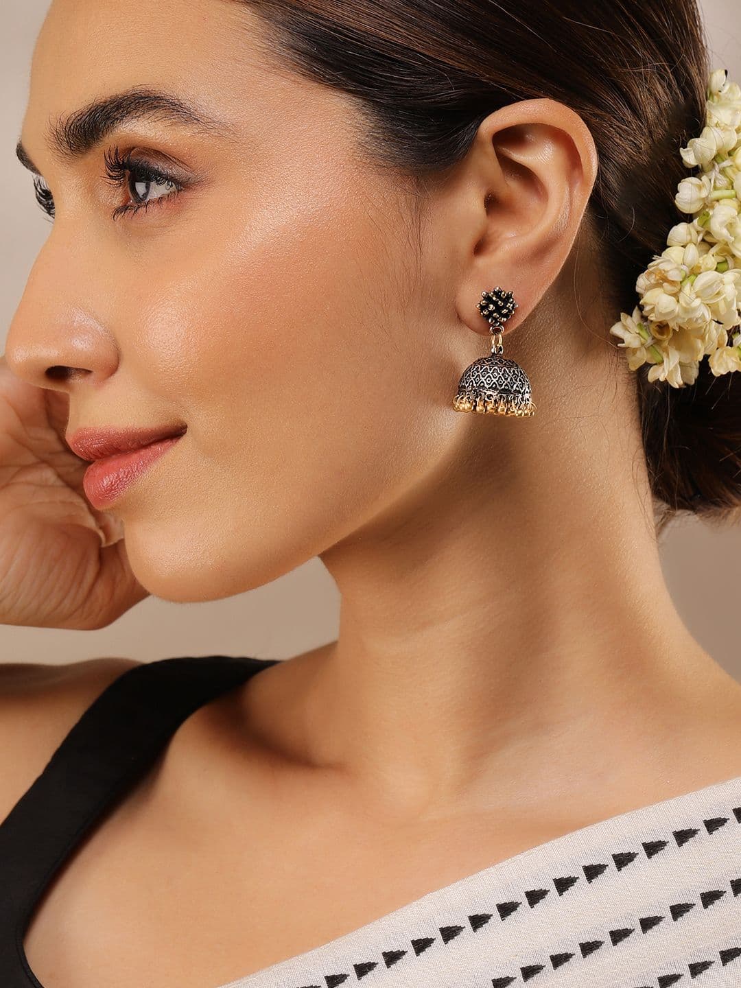 Rubans Oxidised Silver-Plated Dual-Tone with Gold Beaded Drops Jhumka Earrings - view 1