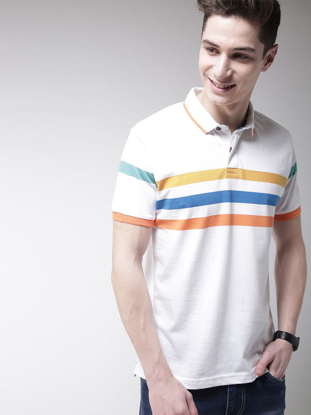 Mast & Harbour Men White Striped Polo Collar T-shirt - view 1