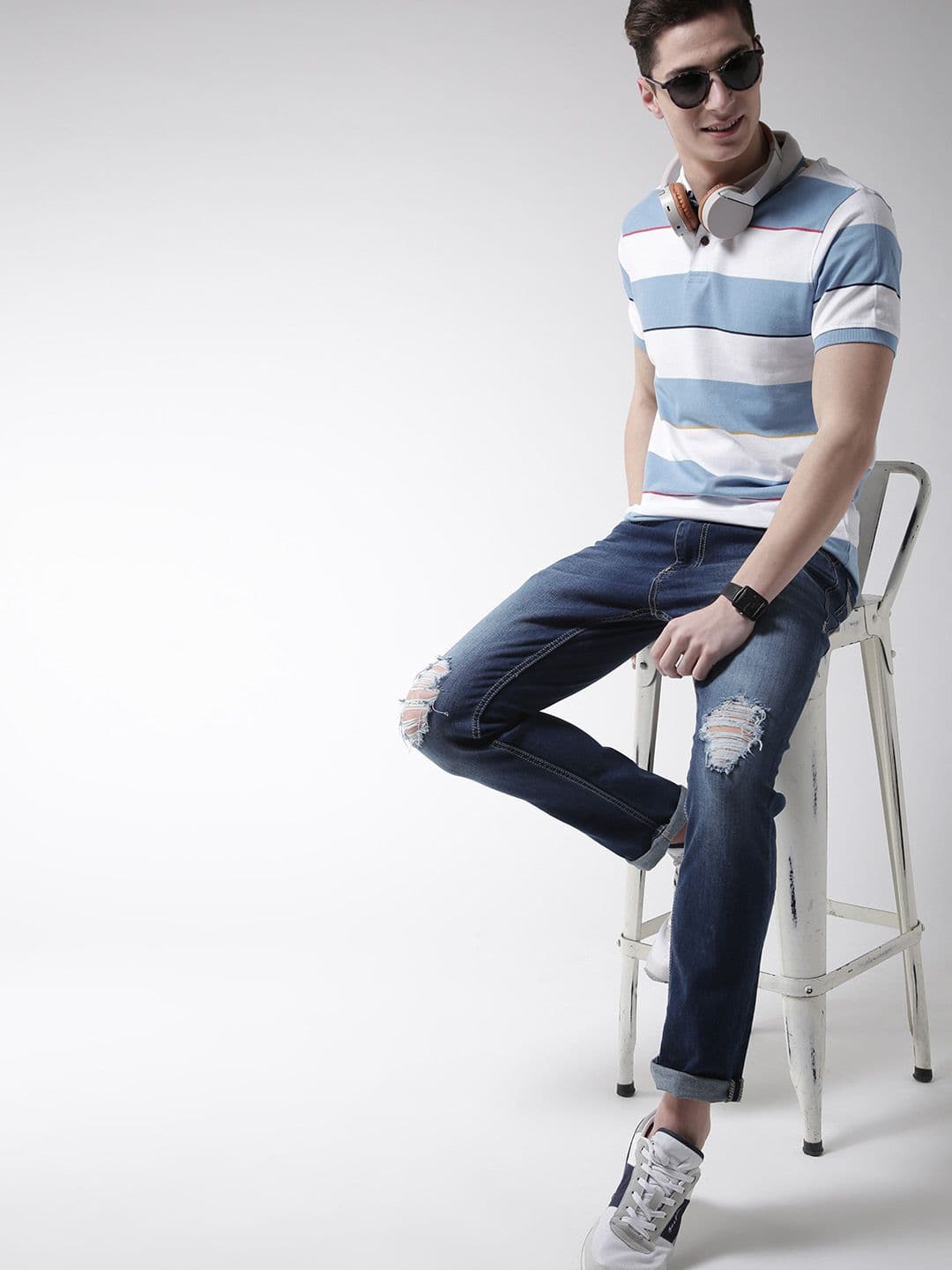 Mast & Harbour Men White & Blue Striped Polo Collar T-shirt - view 1