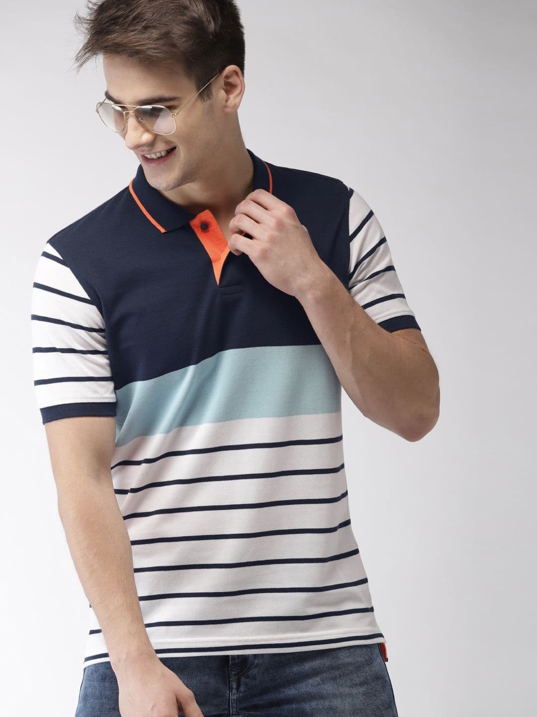 Mast & Harbour Men Off-White Striped Polo Collar T-shirt - view 1