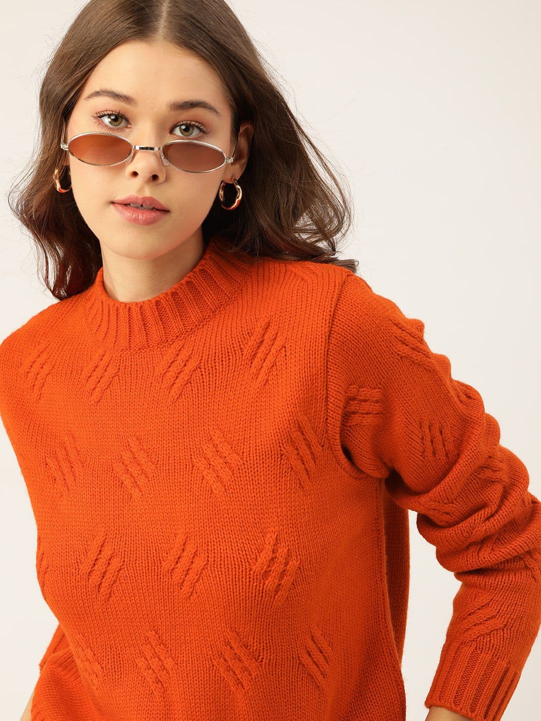 DressBerry Women Rust Orange Acrylic Cable Knit Pullover - view 1
