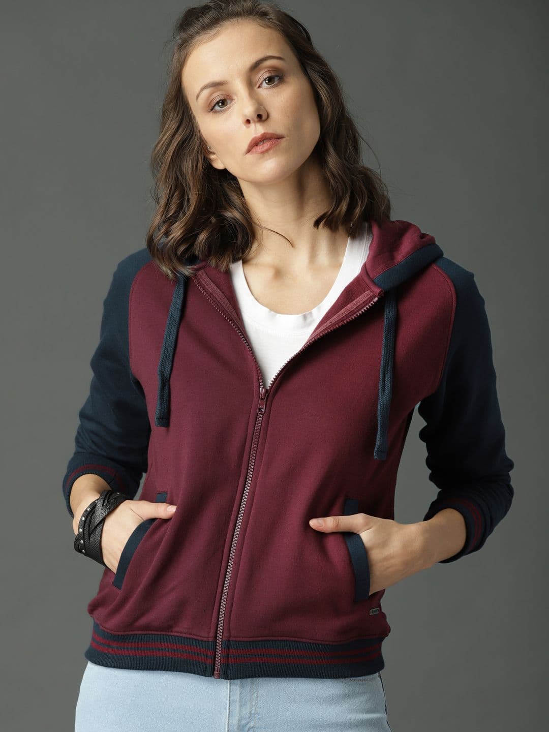 Roadster Women Burgundy Colourblock Hooded Sweatshirt - view 1