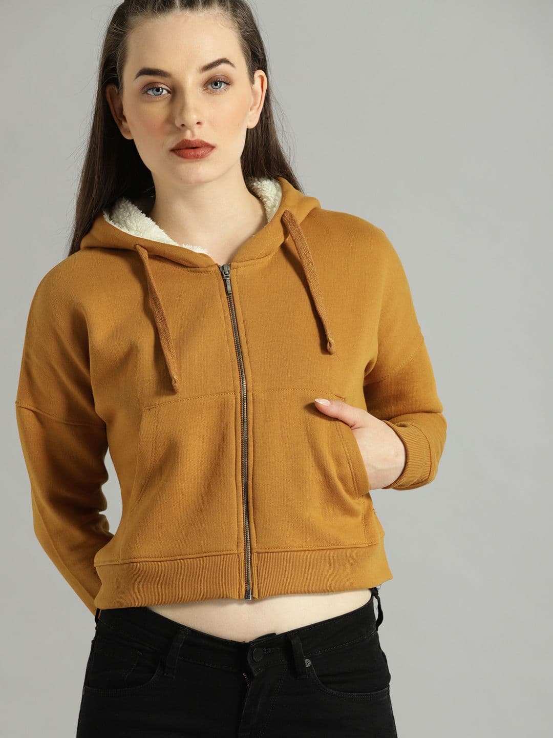 Roadster Women Mustard Solid Hooded Crop Sweatshirt - view 1