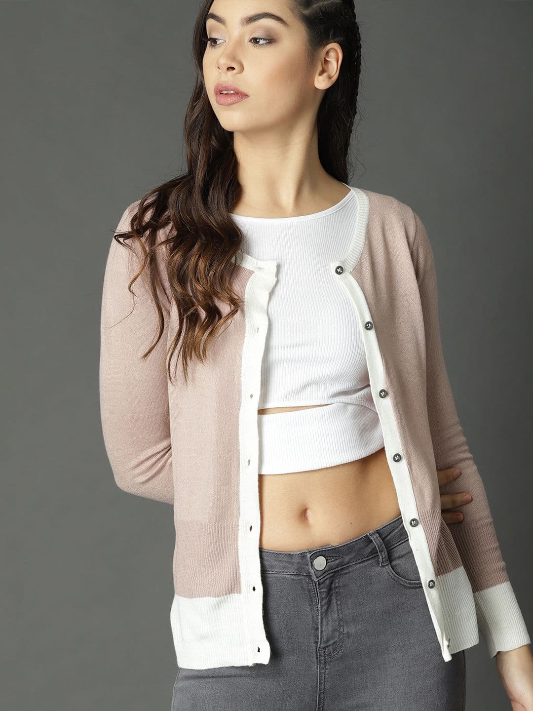 Roadster Women Dusty Pink & White Solid Cardigan - view 1