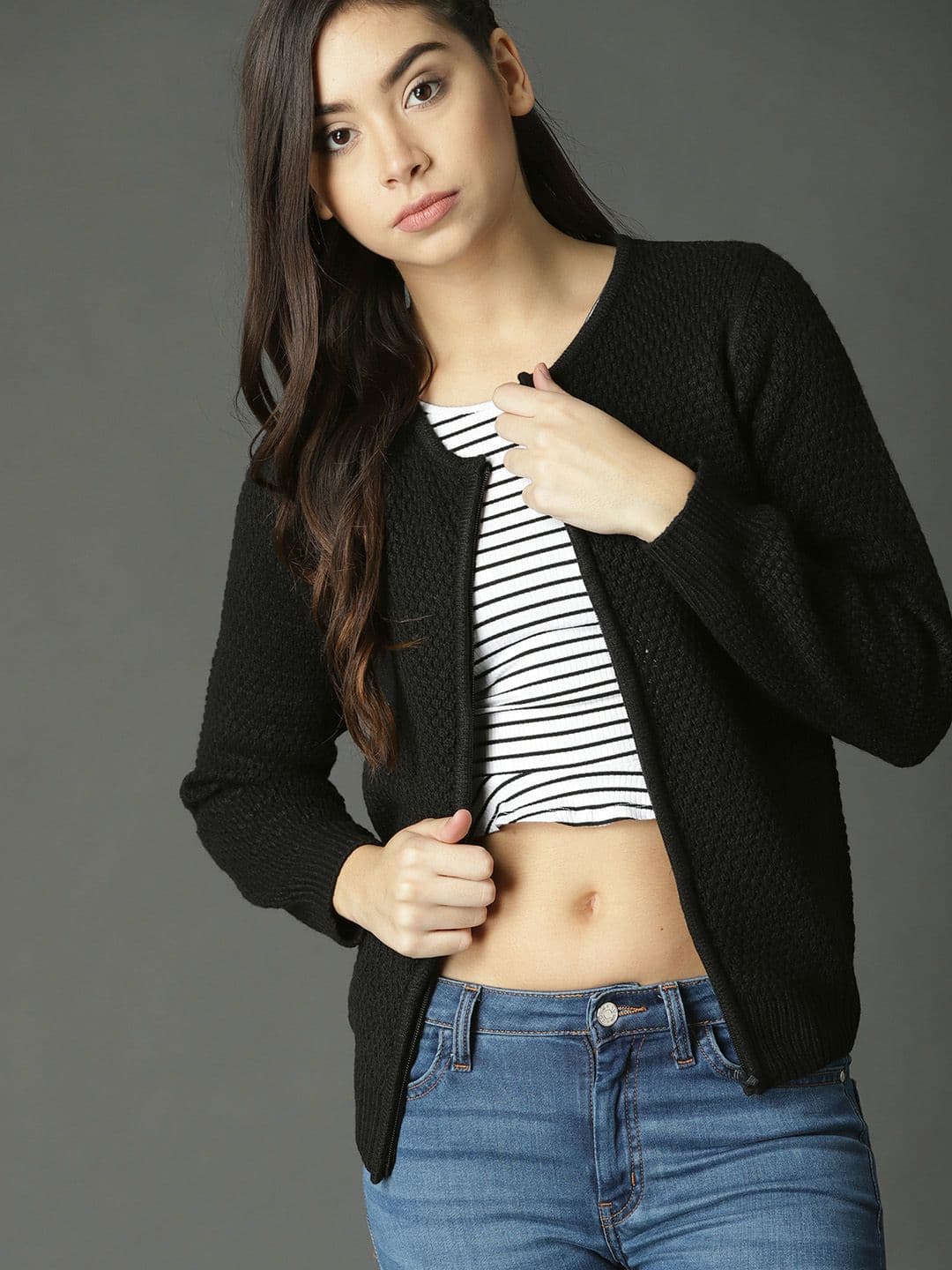 Roadster Women Black Self Design Cardigan - view 1