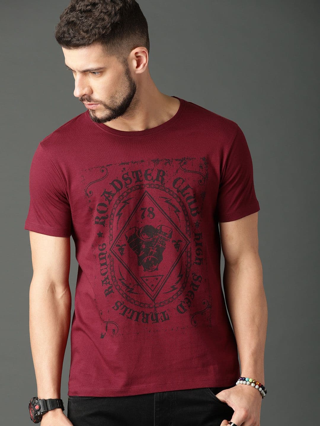 Roadster Men Maroon Printed Round Neck Pure Cotton T-shirt - view 1