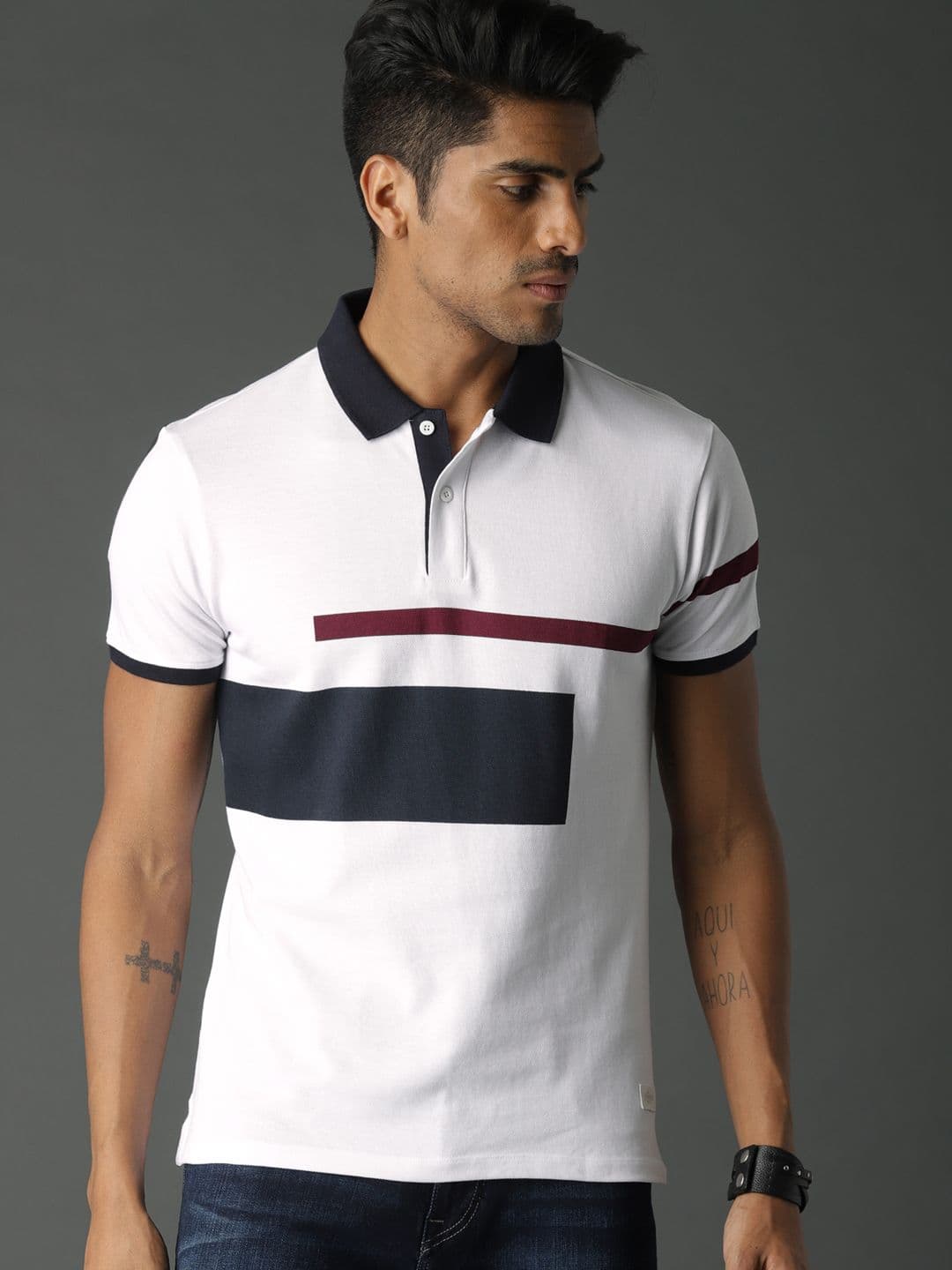 Roadster Men White Navy Blue Colourblocked Polo Collar Cotton T-shirt - view 1