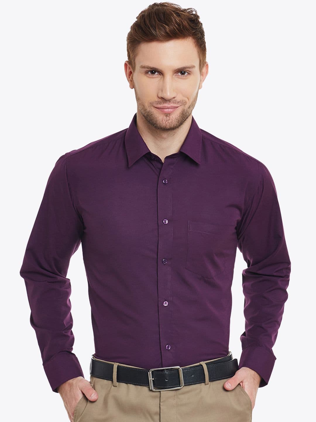 English Navy Men Purple Slim Fit Solid Formal Shirt - view 1
