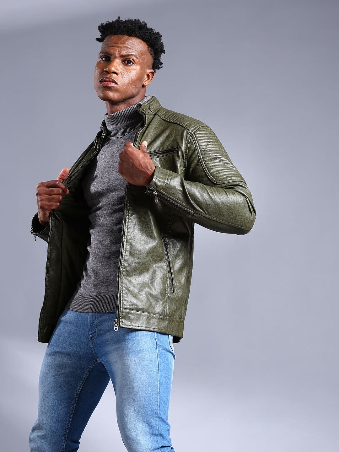 The Indian Garage Co Men Olive Green Solid Faux Biker Jacket - view 1