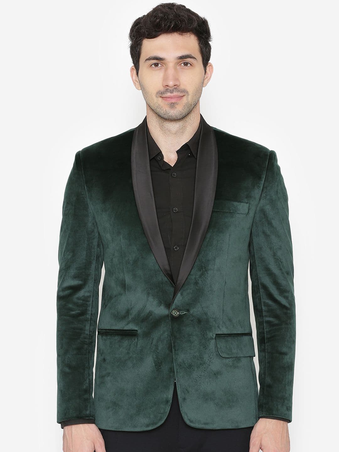 WINTAGE Men Green Solid Single-Breasted Velvet Blazer - view 1
