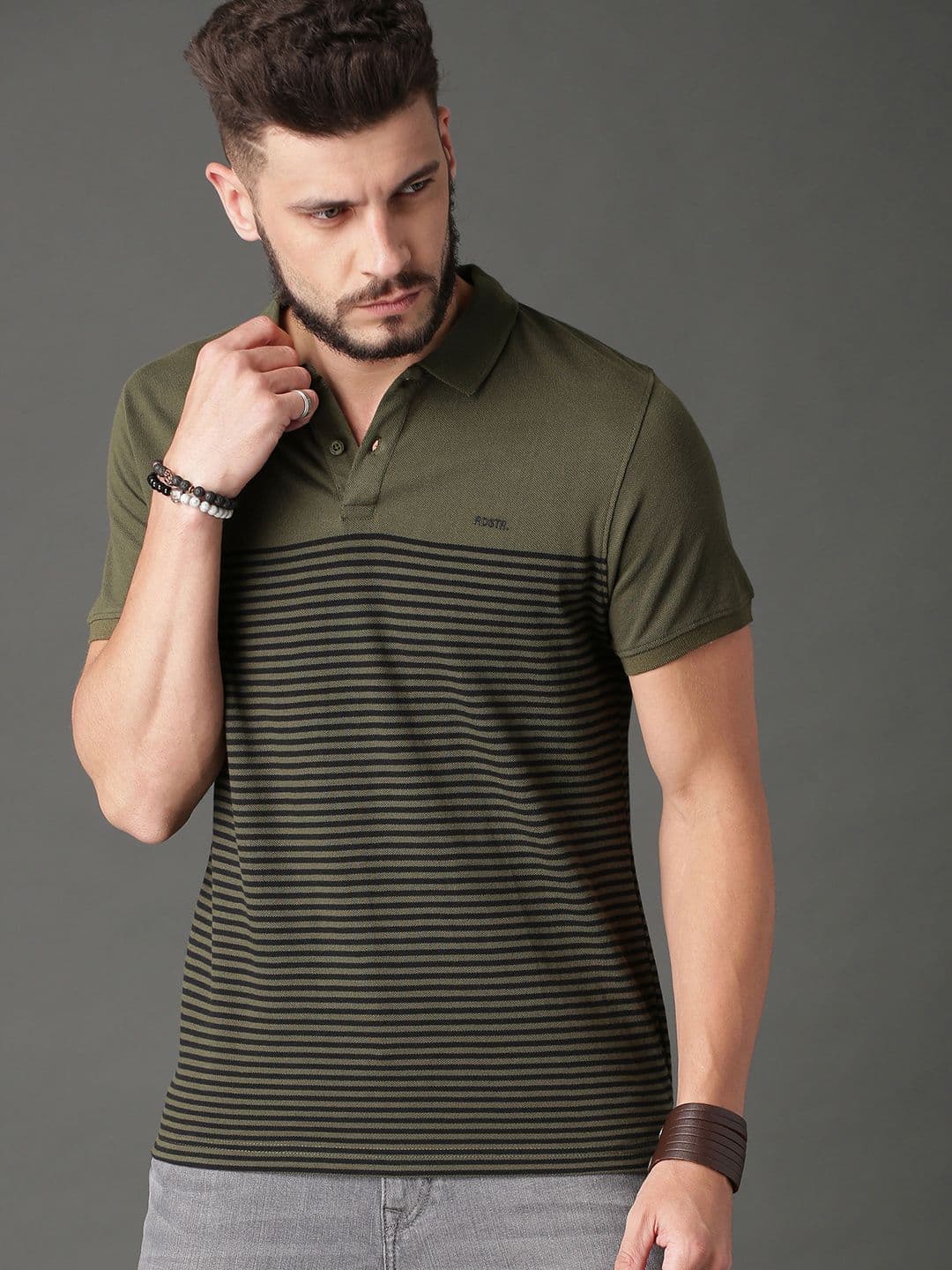Roadster Men Olive Green Striped Polo Collar Pure Cotton T-shirt - view 1