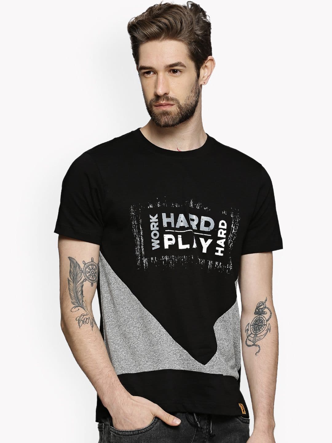CAHOOT Men Black Colourblocked Round Neck T-shirt - view 1