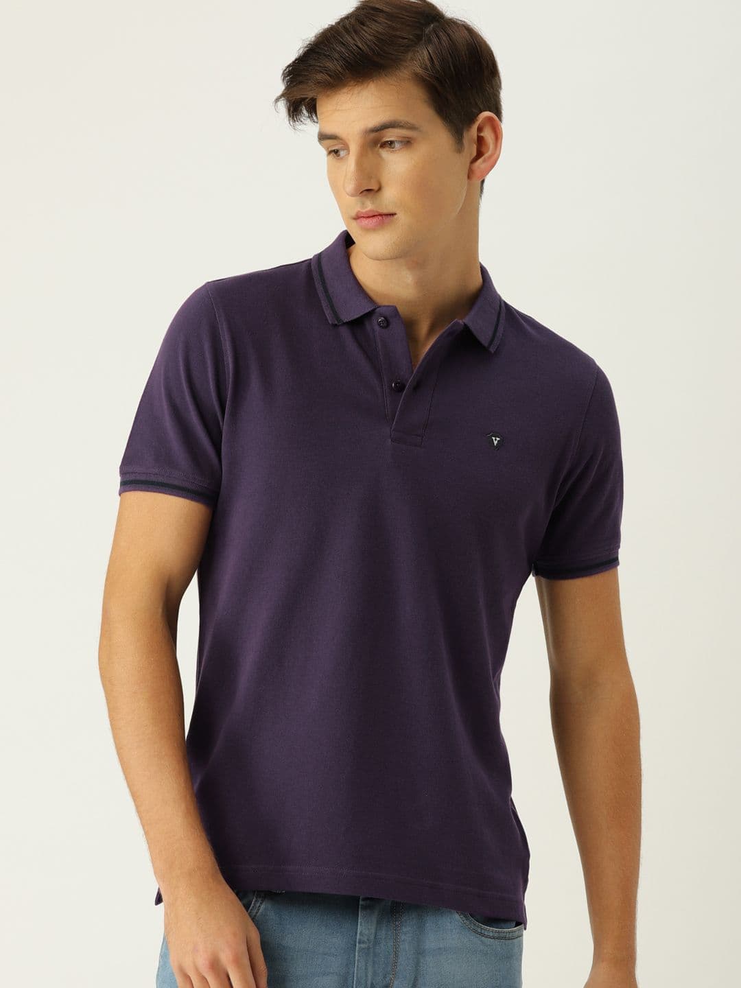 Van Heusen Sport Men Purple Solid Polo Collar Pure Cotton T-shirt - view 1