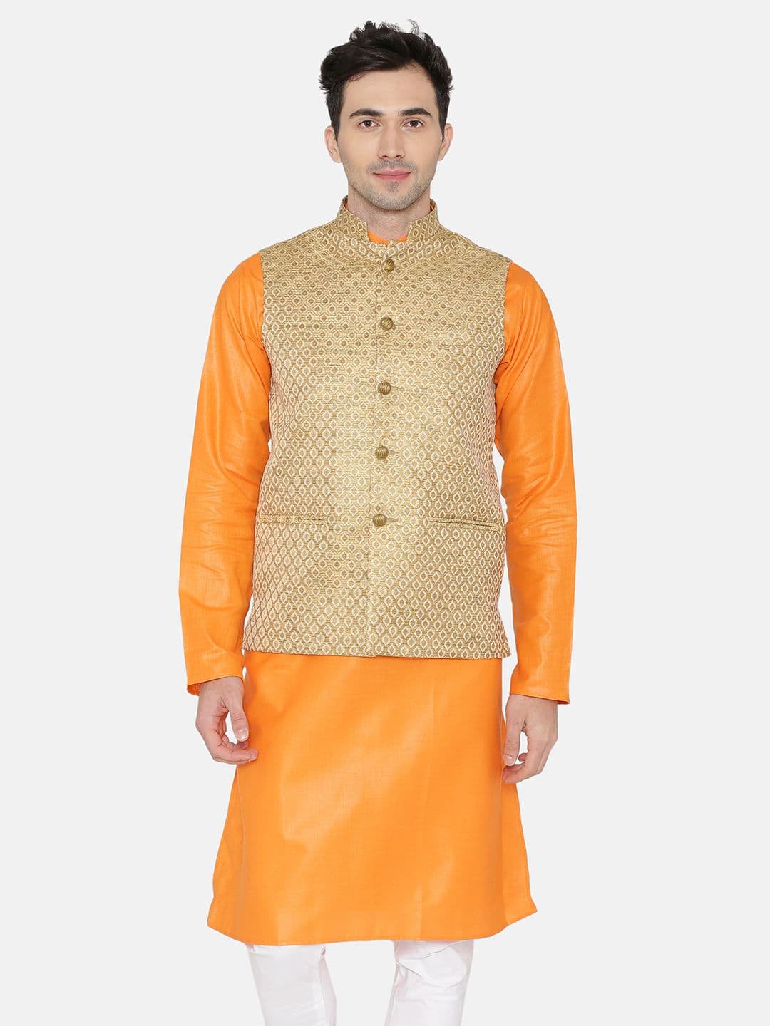 Wintage Men Gold Coloured Woven Design Nehru Jacket - view 1