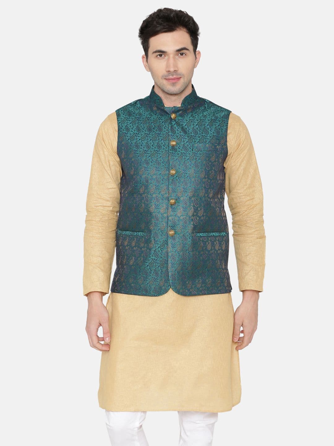 Wintage Teal Green Printed Nehru Jacket - view 1