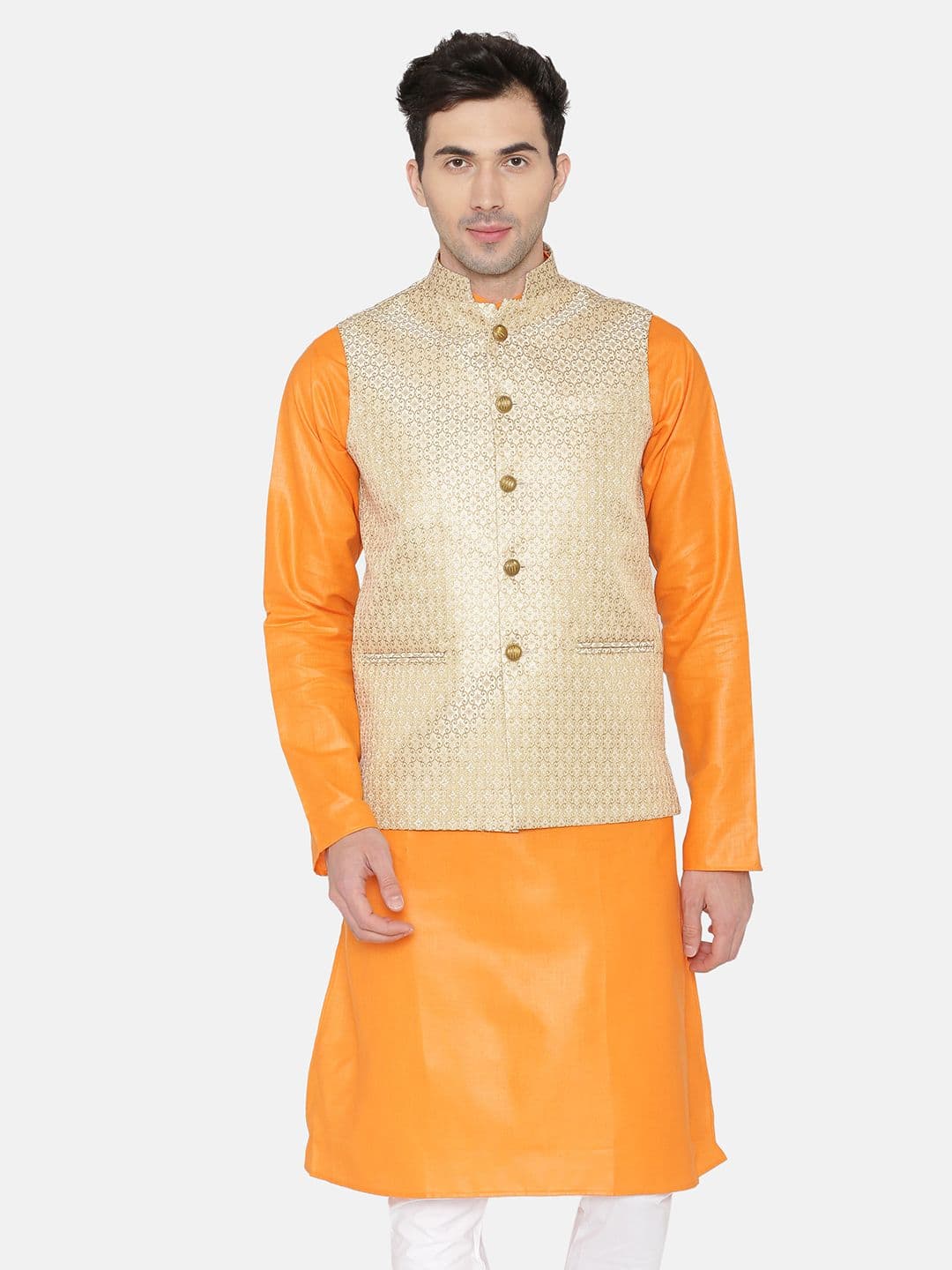 Wintage Beige Banarasi Woven Design Nehru Jacket - view 1