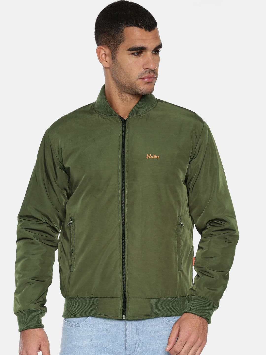 Plutus Men Olive Green Solid Bomber Jacket - view 1
