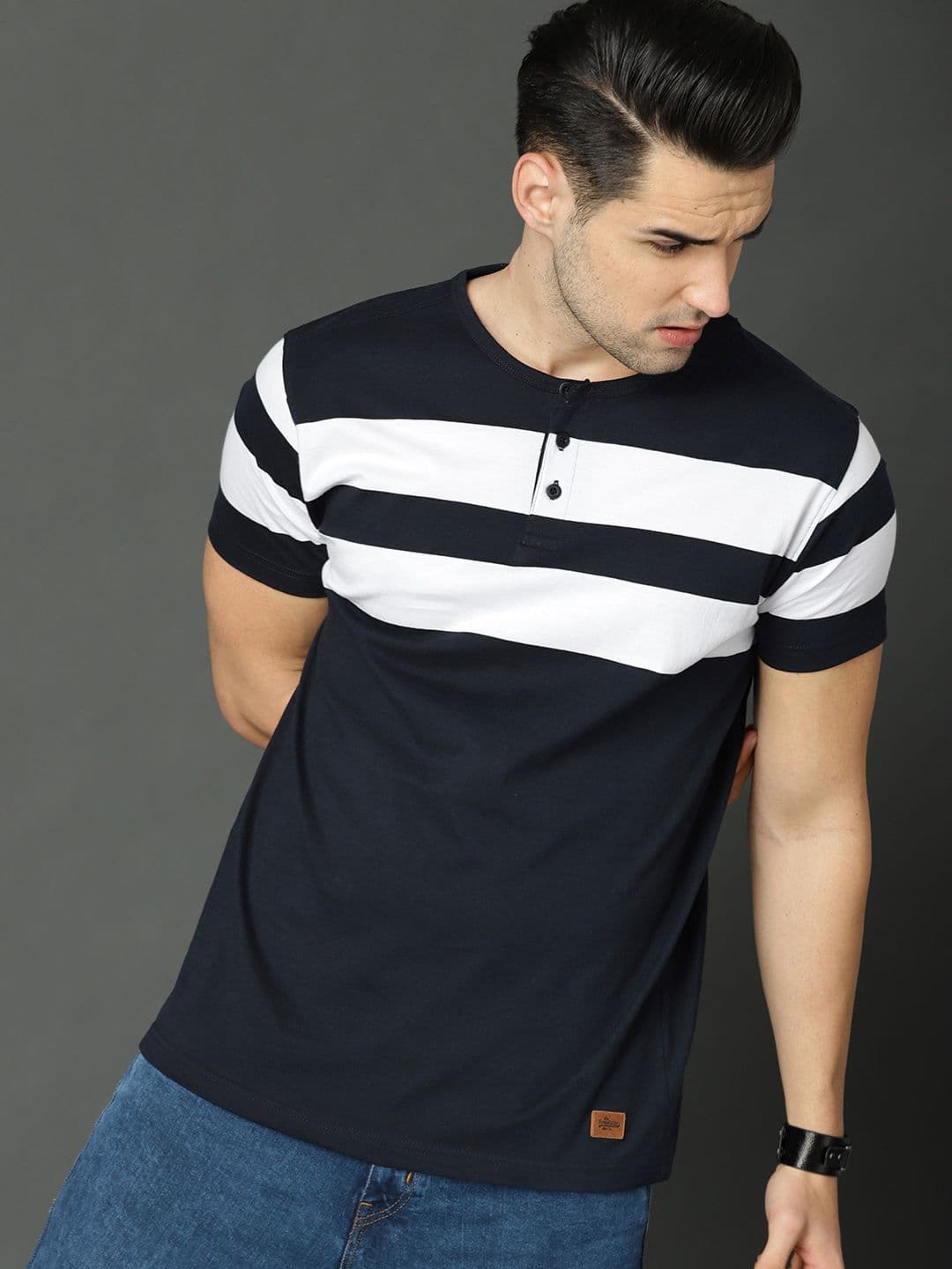 Roadster Men Navy Blue White Striped Henley Neck Pure Cotton T-shirt - view 1