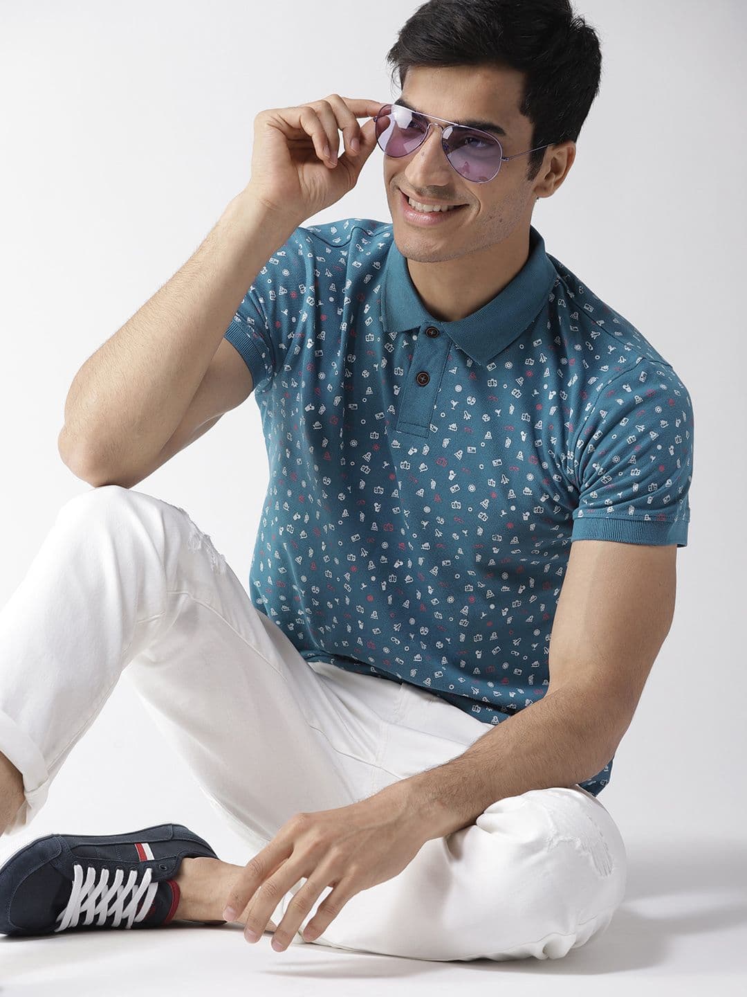 Mast & Harbour Men Teal Blue Printed Polo Collar T-shirt - view 1
