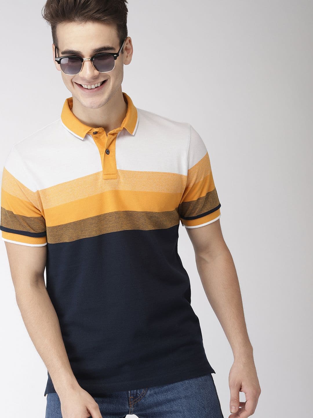 Mast & Harbour Men Navy Blue, Mustard Yellow & White Colourblocked Polo Collar T-shirt - view 1