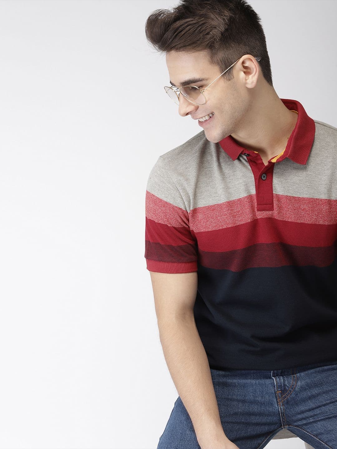 Mast & Harbour Men Navy Blue, Red & Grey Colourblocked Polo Collar T-shirt - view 1