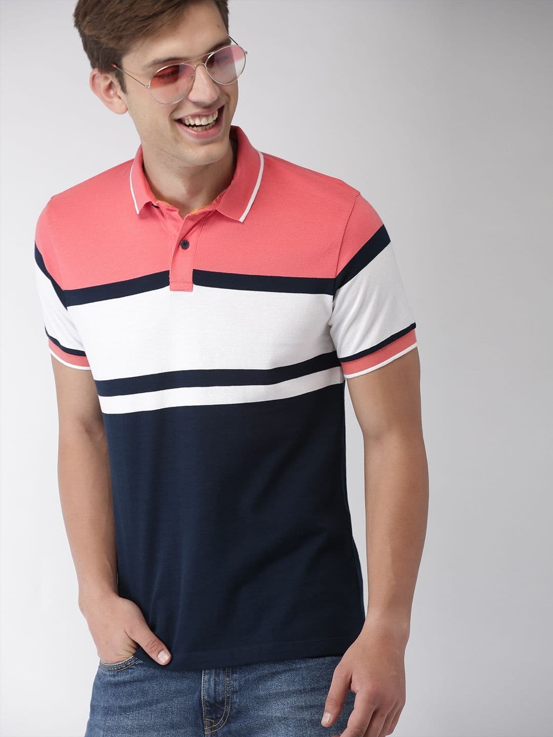 Mast & Harbour Men Navy Blue Colourblocked Polo Collar T-shirt - view 1