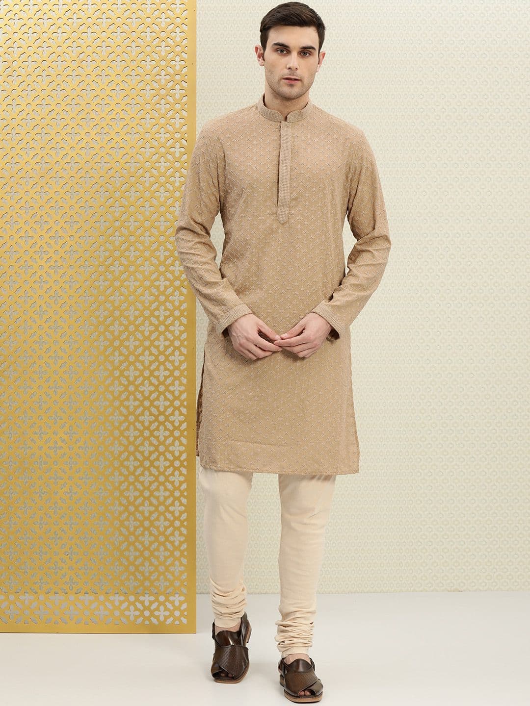 House of Pataudi Men Beige Embroidered Straight Kurta - view 1