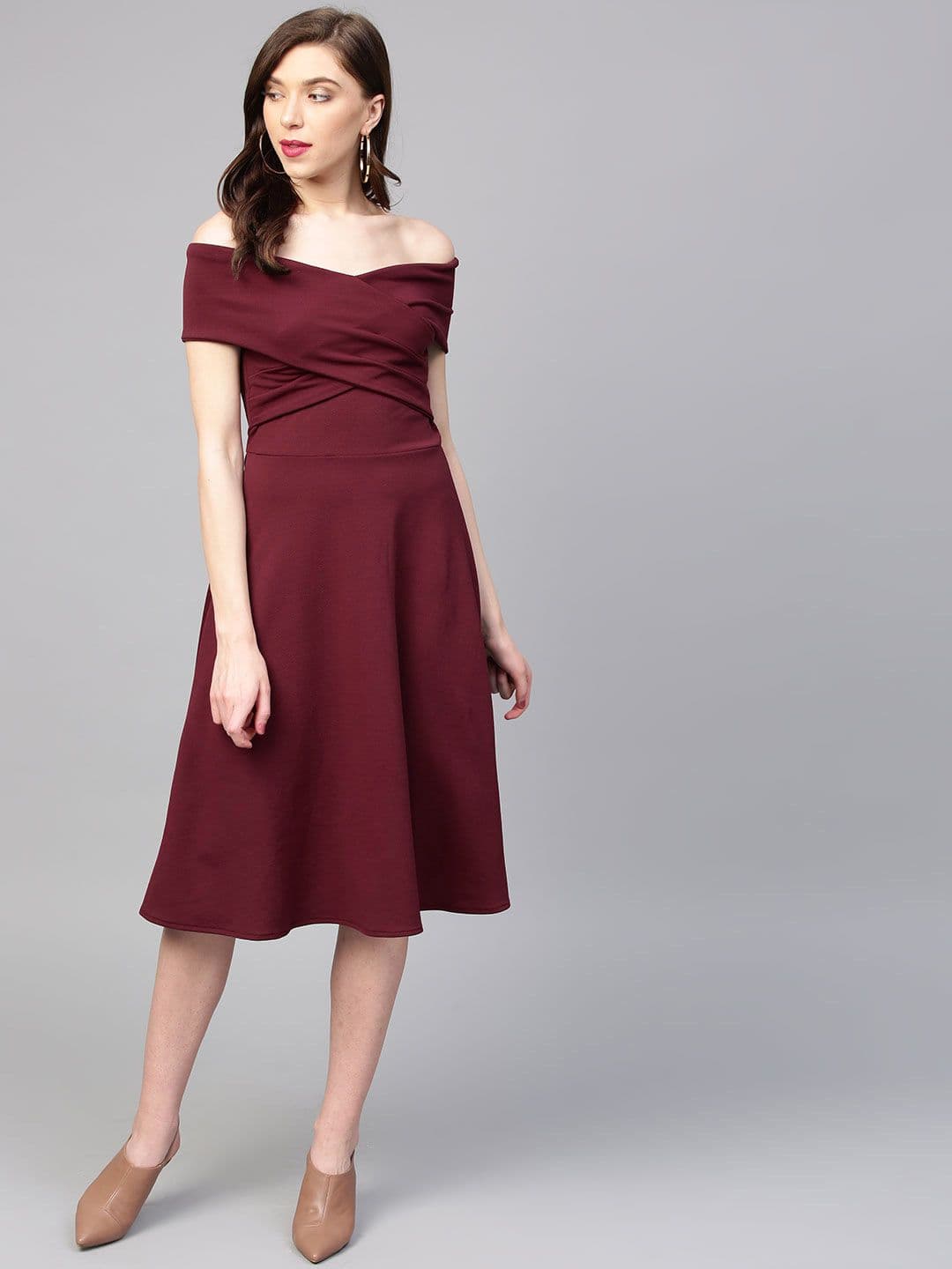 Athena Burgundy Off-Shoulder Pleated Fit & Flare Dress - view 1