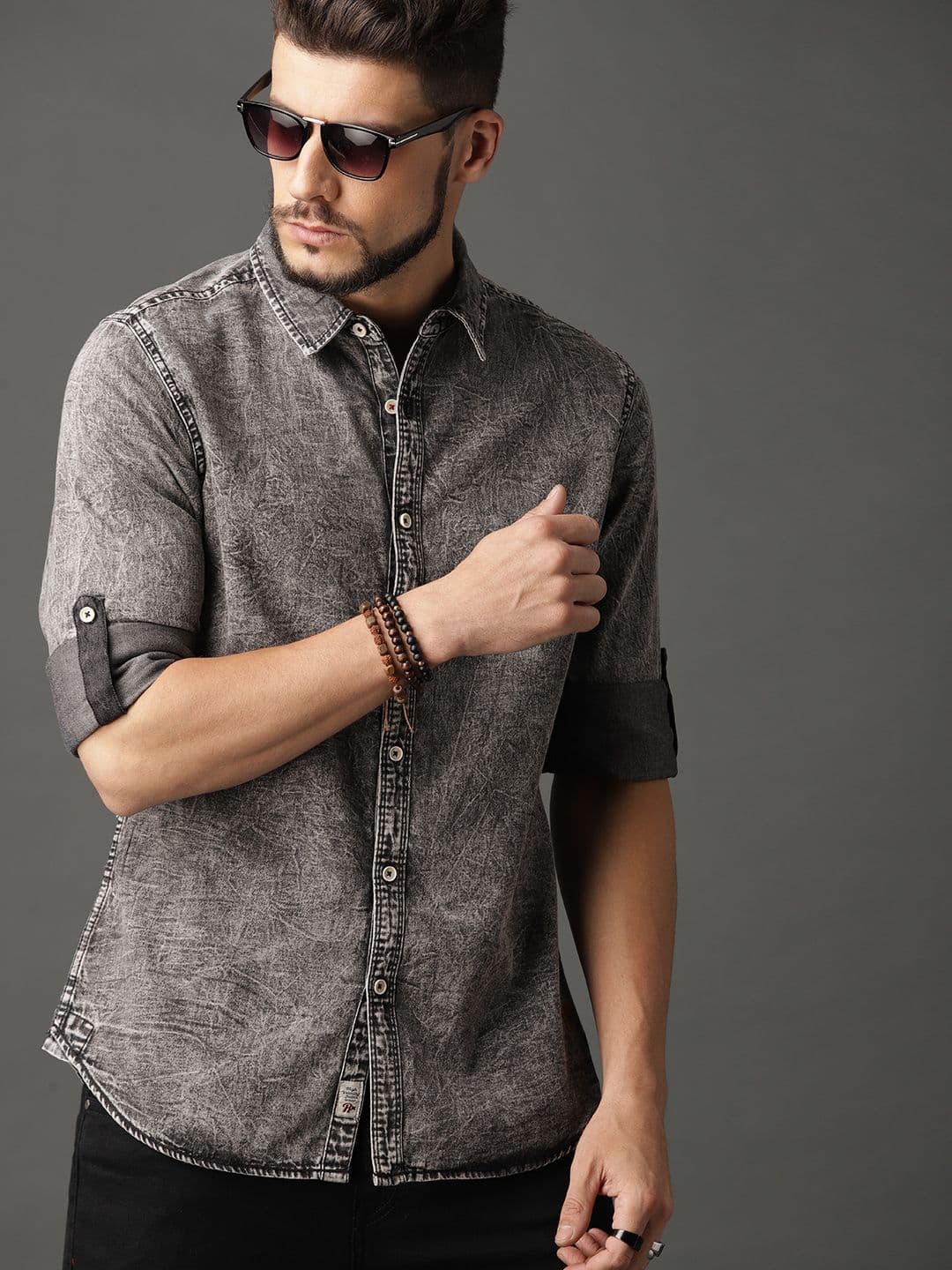 Roadster Men Grey Faded Denim Casual Shirt - view 1
