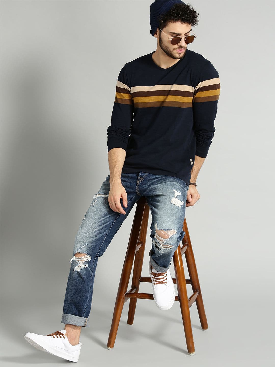 The Roadster Lifestyle Co Men Navy Blue & Brown Striped V-Neck T-shirt - view 1