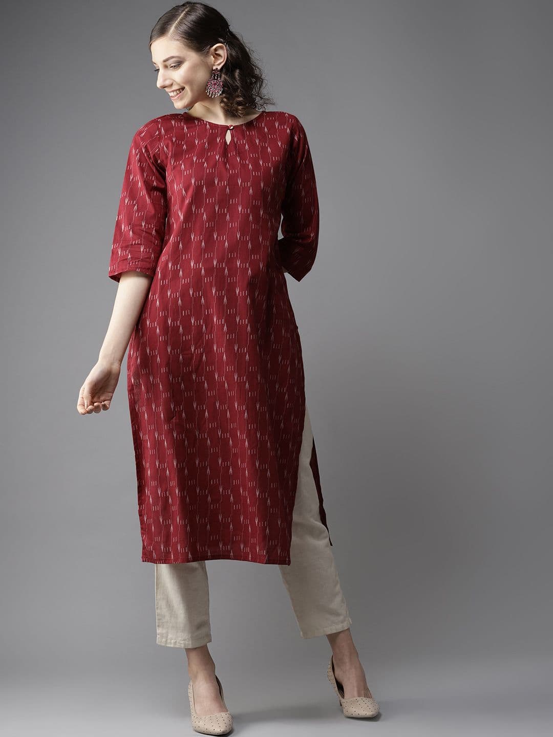 HERE&NOW Women Maroon & Off-White Printed Straight Kurta - view 1
