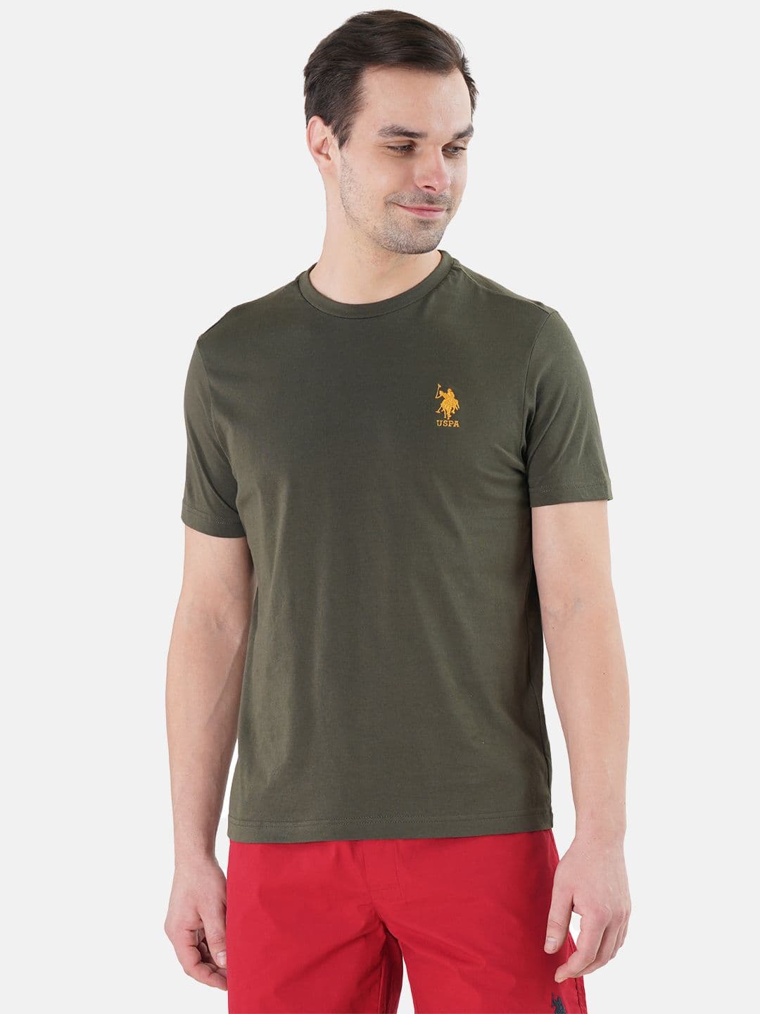 U.S. Polo Assn. Men Olive Green Solid Pure Cotton Lounge T-Shirt - view 1