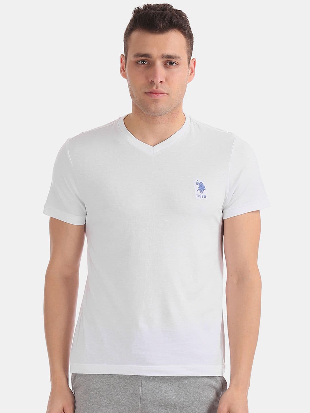 U.S. Polo Assn. Men White Solid V-Neck T-shirt - view 1
