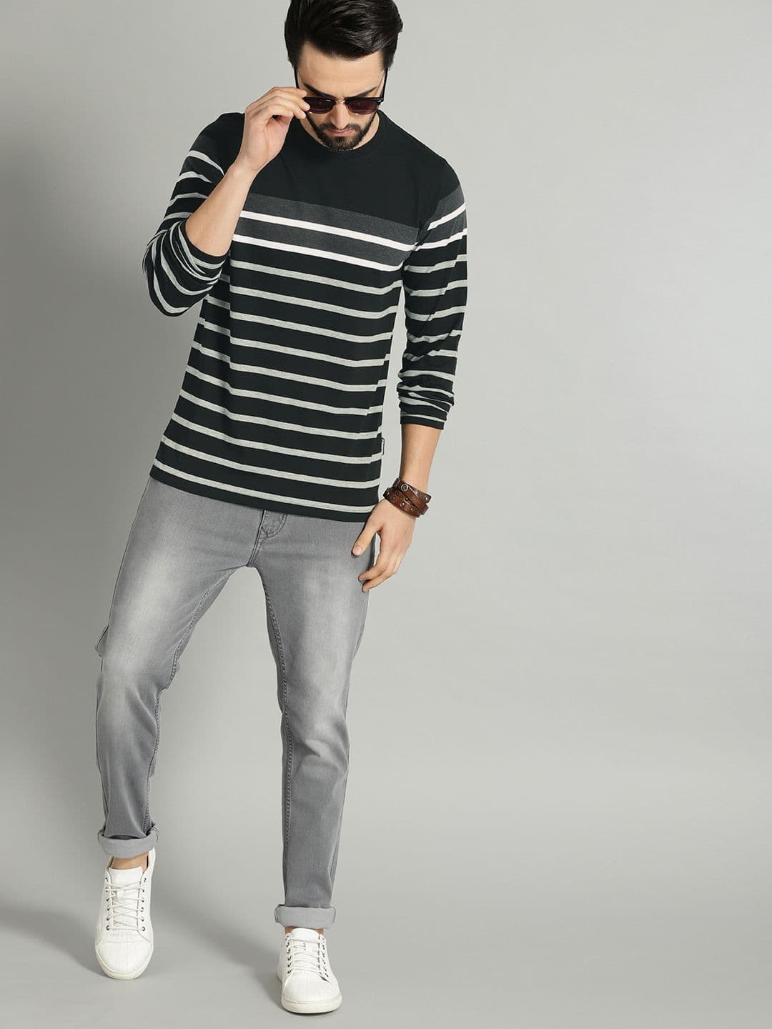 Roadster Men Black Grey Striped Round Neck T-shirt - view 1