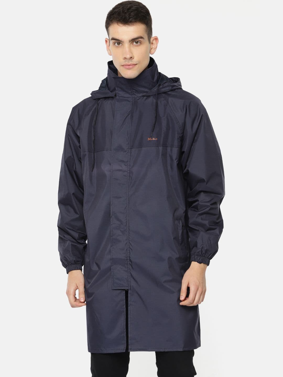 Plutus Men Navy Solid Hooded Longline Waterproof Rain Jacket - view 1