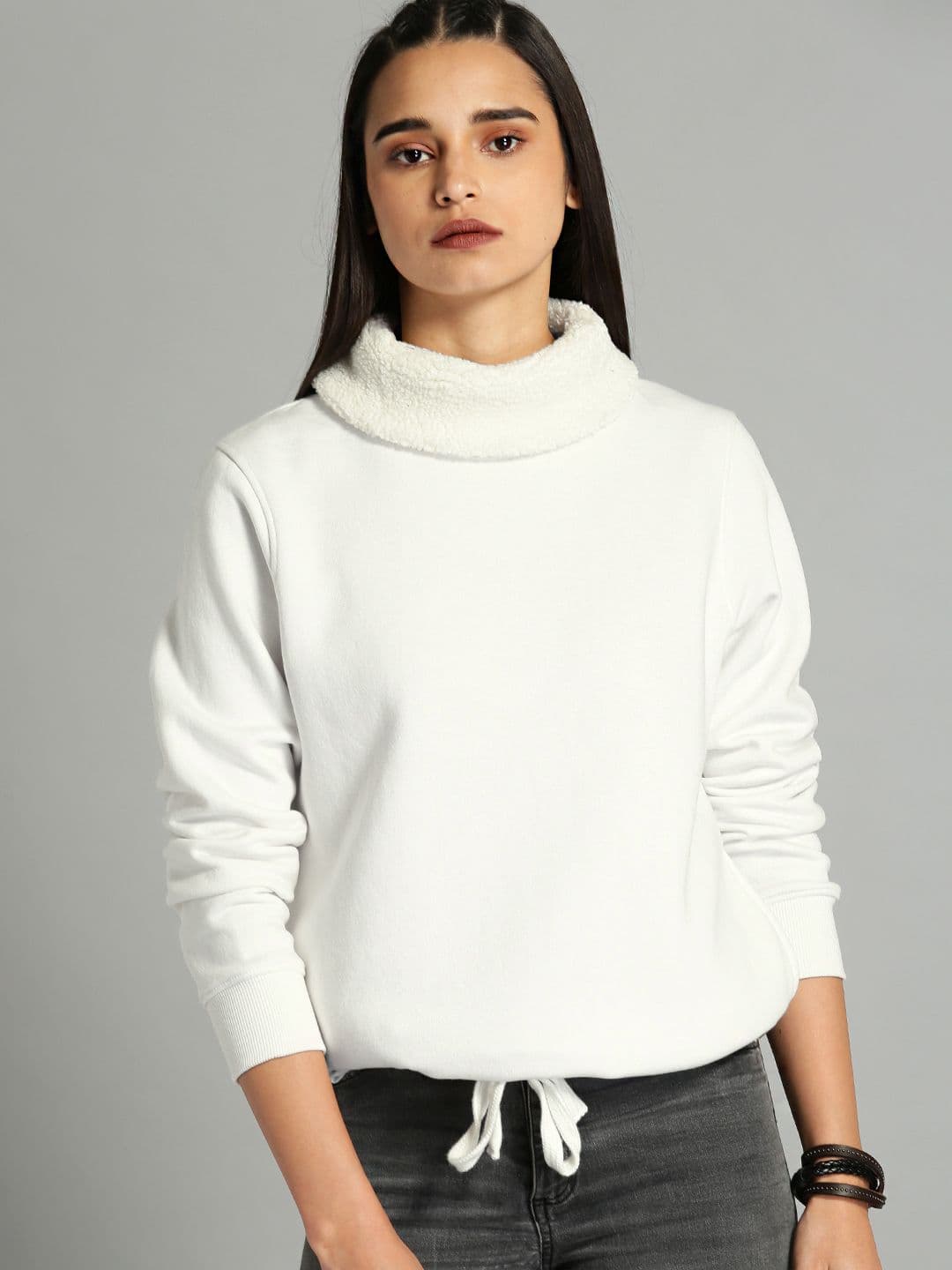 The Roadster Lifestyle Co Women White Solid Pullover Sweatshirt - view 1