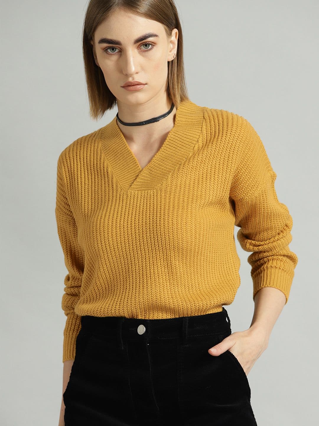 The Roadster Lifestyle Co Women Mustard Yellow Solid Sweater - view 1