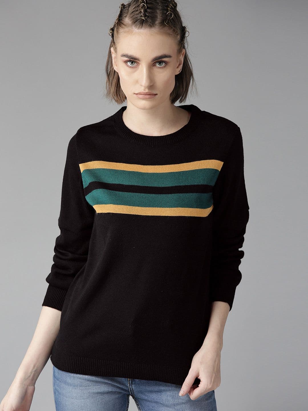 The Roadster Lifestyle Co Women Black & Yellow Striped Sweater - view 1