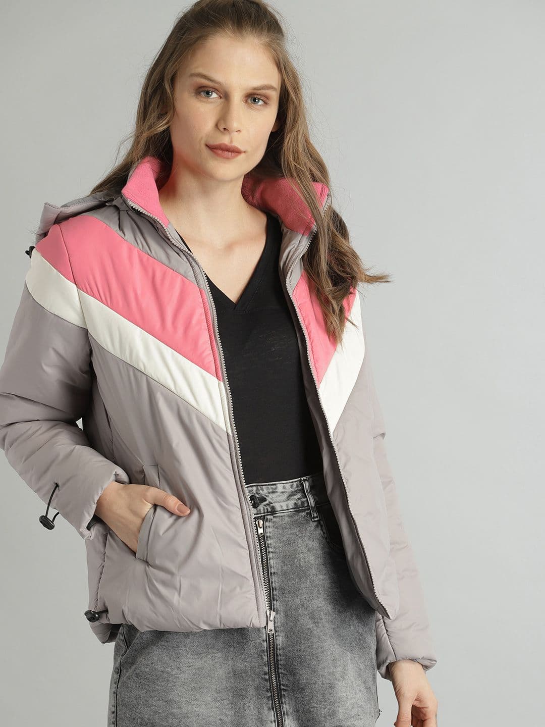 The Roadster Lifestyle Co Women Grey & Pink Colourblocked Padded Jacket - view 1
